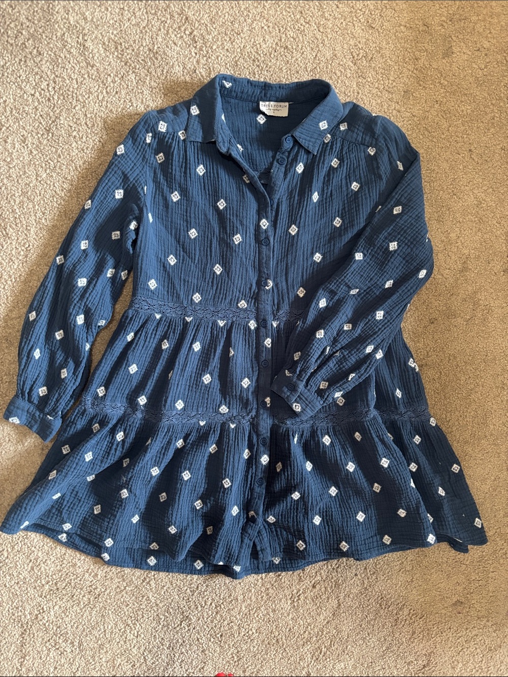Dress Forum Navy Gauze Embroidered Button Front Boho Top Size- SIZE SMALL